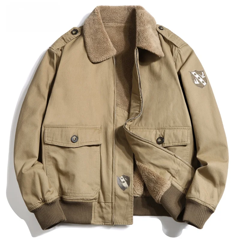 

Мужская куртка-пилот из утолщенного хлопка с подкладкой из овечьего флиса, в стиле американской армии времен Второй мировой войны, осенне-зимняя коллекция