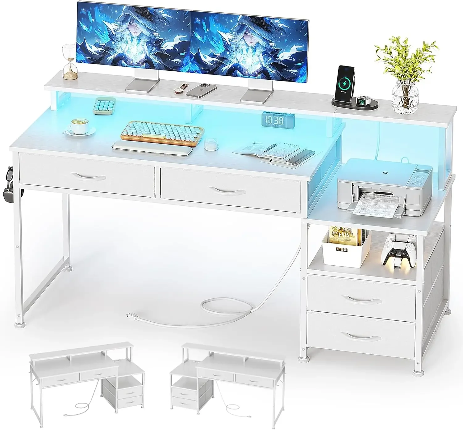 

53" Computer Desk with 4 Drawers & Power Outlets, Reversible Home Office Desk with Monitor Stand & Printer Stand, Gaming Desk