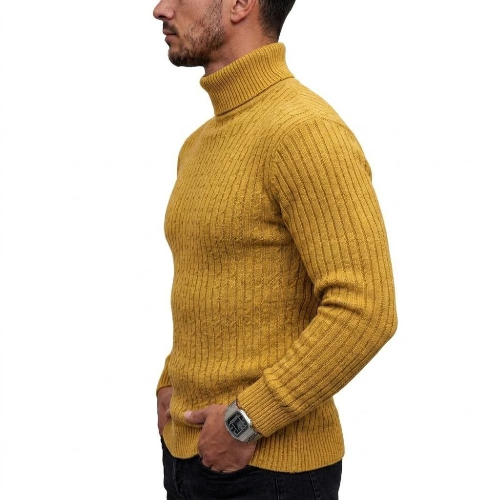 Neuer Herren-Rollkragenpullover, lässiger Zopfstrickpullover, hoher Kragen, lange Ärmel, warme Winterpullover für Männer, schmal geschnittene Oberteile. – Detail 10