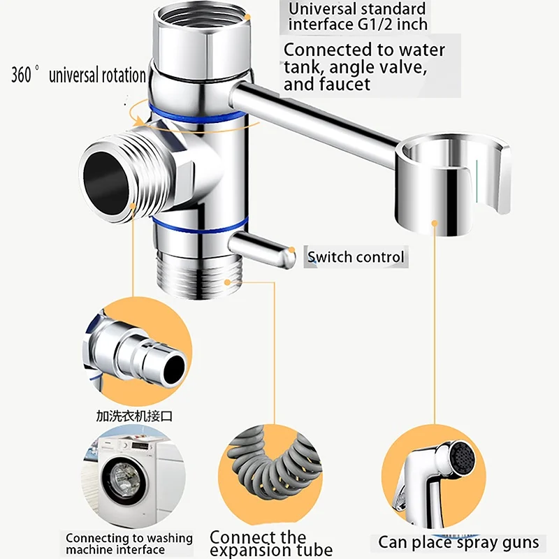 Diverter Valve One-In Two-Out Water Angle Valves Water Separator Shower Head Adapter With Bracket For Bathroom Accessories