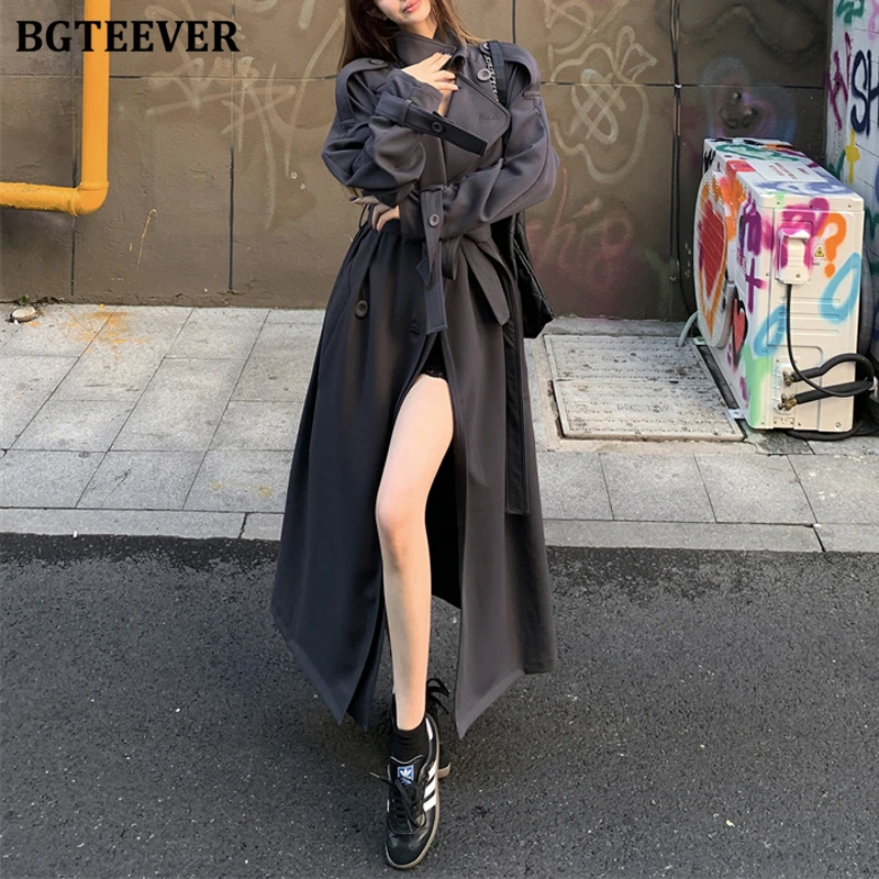 BGTEEVER Vintage allentato doppio petto femminile lungo Trench cappotti autunno inverno elegante risvolto manica intera donna giacca a vento con cintura