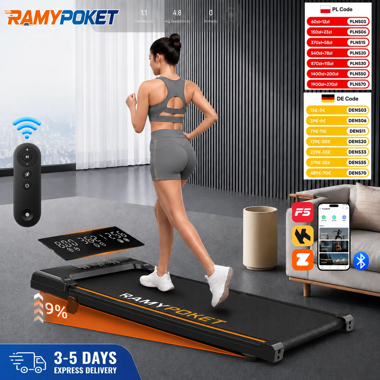 Tapis De Marche pliable inclinable 9%,tapis de marche silencieux 2.5HP,1-8km/h,APP/LED,130kg max charge,tapis de course bureau