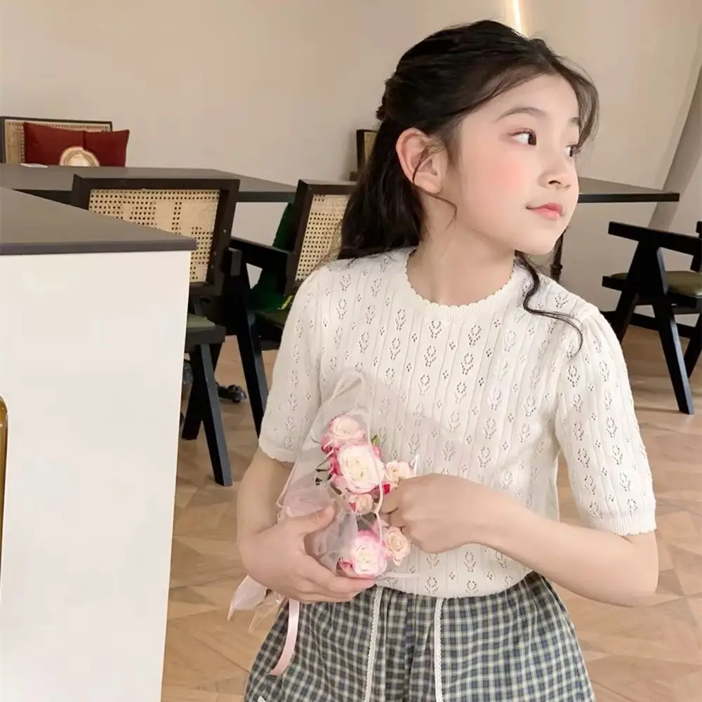 

spring summer girls tops baby clothes Hollow flower pattern off white knitted top short sleeved solid color knitted T-shirt