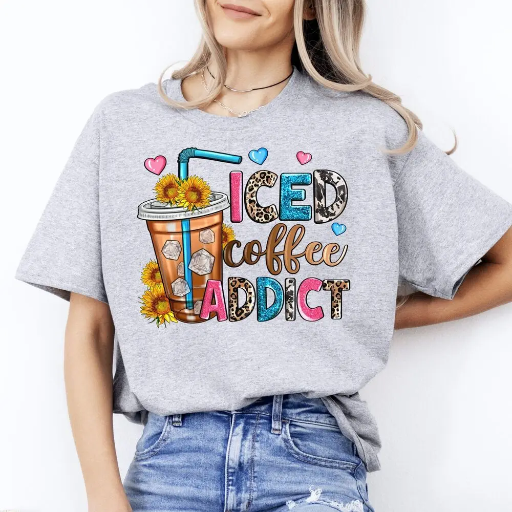 Iced coffee addict T-Shirt Iced coffee lover Unisex Tee Sand White Sport Grey High Quality 100%Cotton Short Sleeve