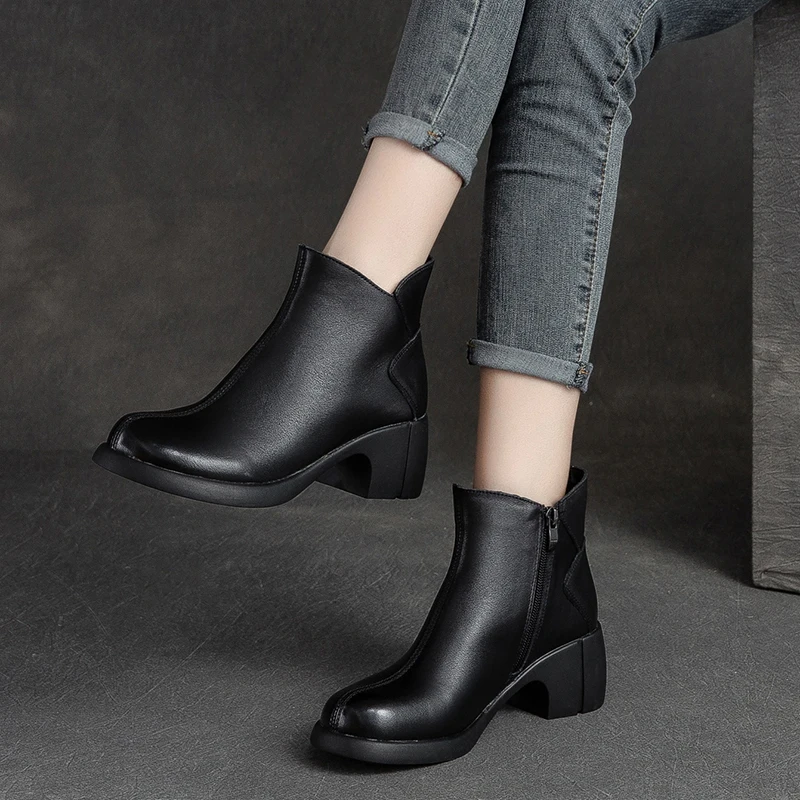 GKTINOO Genuine Leather Ankle Boots Women Shoes 2024 New Autumn Winter Round Toe Square Heel Zip Handmade Leisure Women Boots