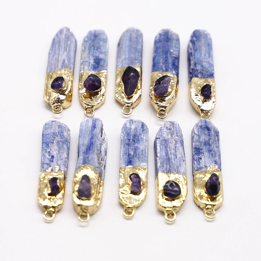 New Natural Stone Blue Kyanite Amethyst Pendants Charms Jewelry Plating Gold Side Raw Kyanite Nugget for Necklace DIY Findings