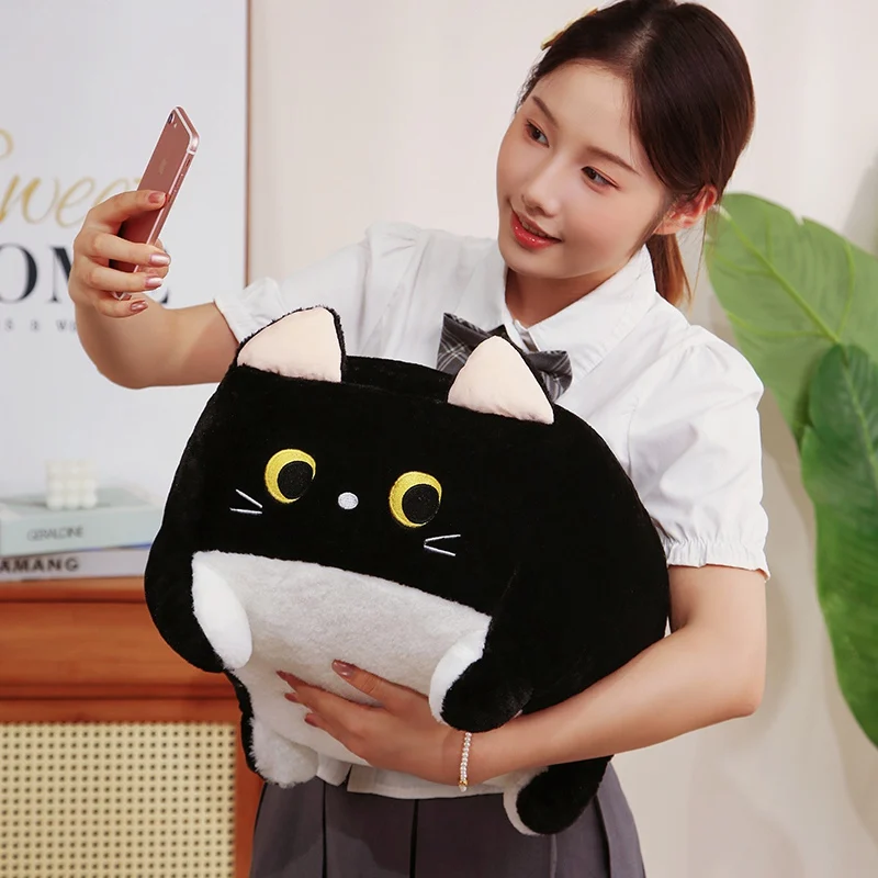 Kawaii Square Cat Plush Toy Fluffy Black Cat Pillow Stuffed Kitten Animal Plush Doll Kawaii Home Decoration Birthday Gift