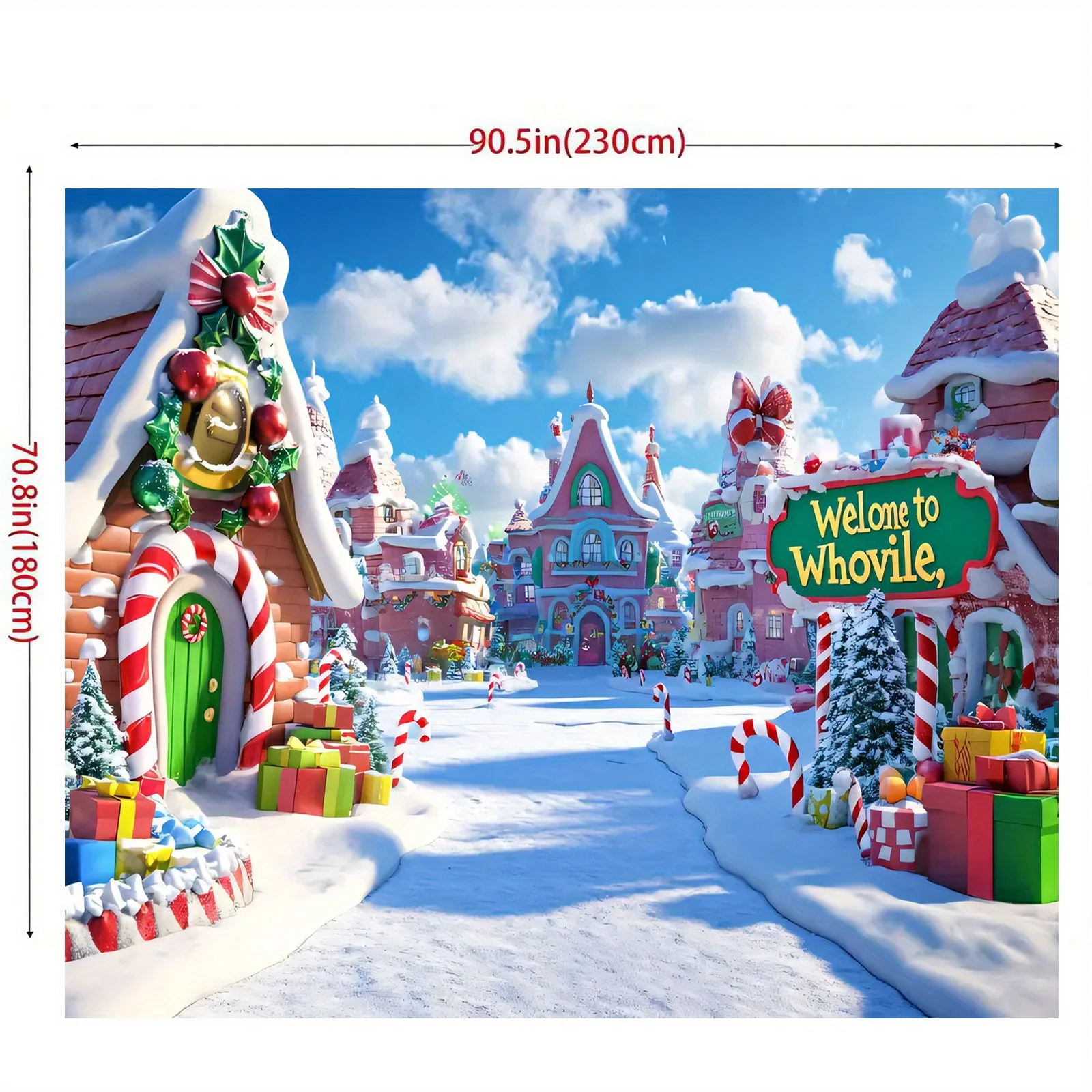 قطعة مسطحة 2D من خلفية بوليستر لمناظر قرية عيد الميلاد Whoville، مناسبة لتزيين الحفلات الاحتفالية