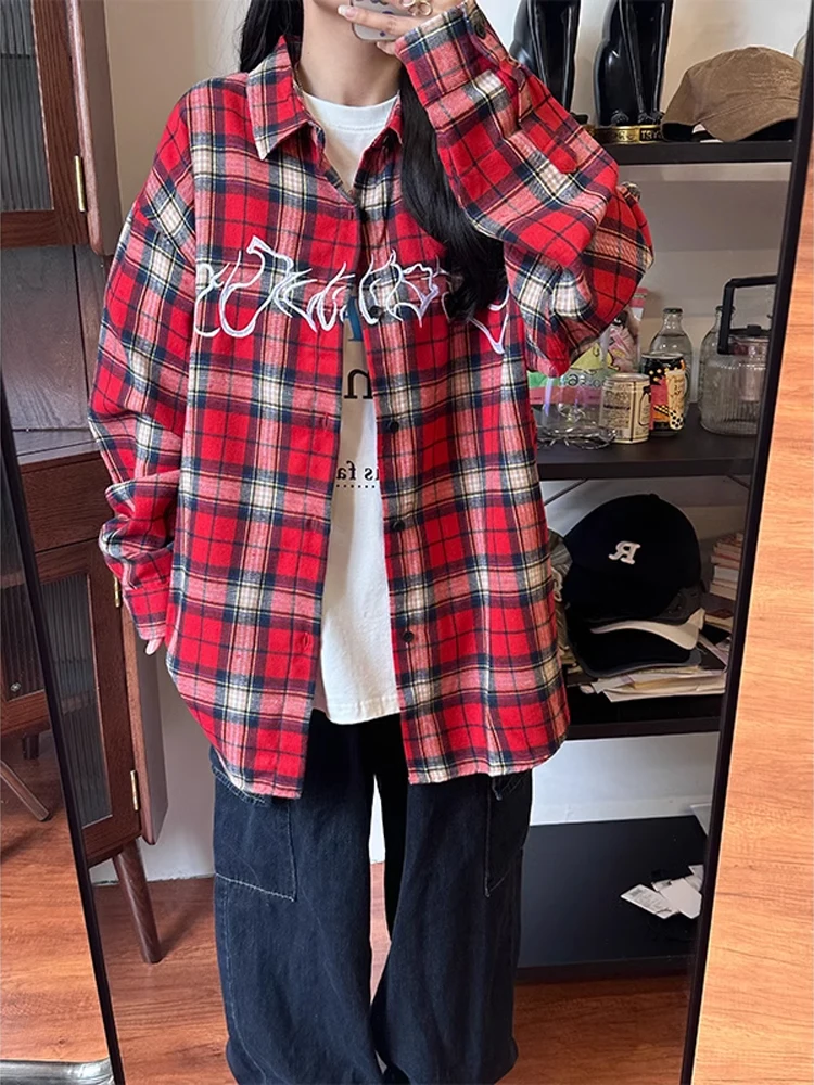 

American Retro Plaid Long Sve Men's irt Spring Autumn Outerwear ex Japanese Sle Couple's Jaet Stand Fit Polye...