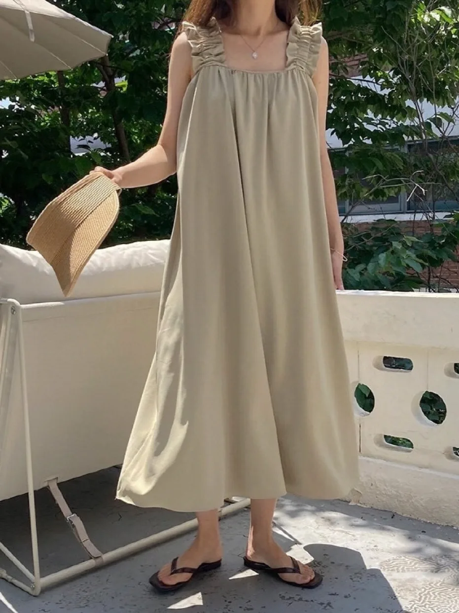 Dongda Gate No-oulder Large Skirt Length Over-knee Strap Dr Versatile Commuting Sle Svel Long Dr Square Collar