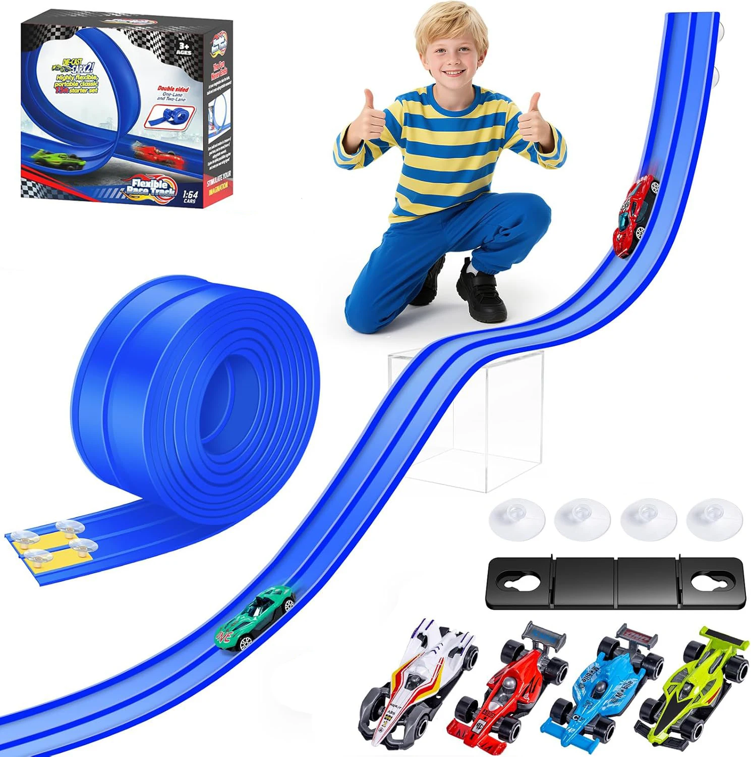 Pista de carreras Flexible para niños, pista de coche Flexible de 15 pies con ventosas, pista de carreras portátil enrollable, regalos de navidad