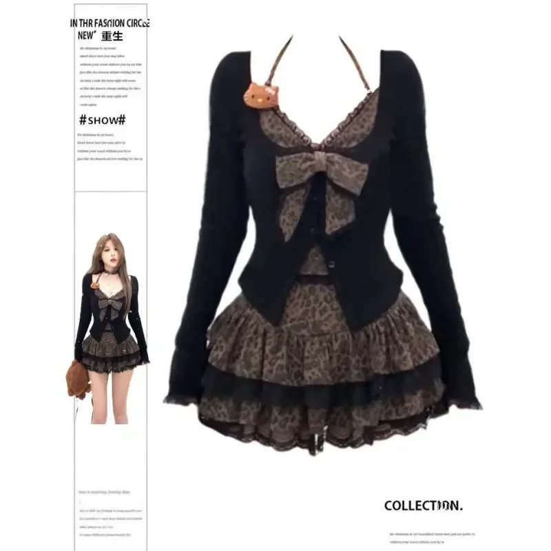 High-end Sweet Two Piece Set Women Skirt Set Long Sleeve Tops Mini Skirt Y2k Clothes High Waist Lace Skirts Design Suits Vestido