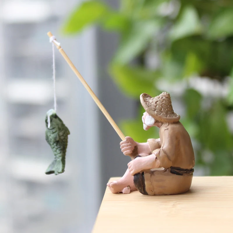 Fishing Old Man Resin Statue Garden Decor Miniature Figurine Home Decoration Outdoor Craft Micro Landscape Ornament Gift
