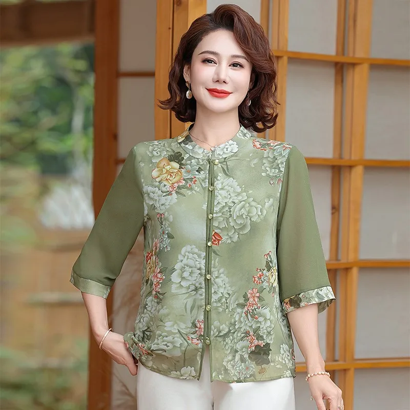 Vintage cheongsam collar Womens Half sleeve Casual Printed Chiffon Blouse Summer Single-breasted Thin Loose Shirt Female