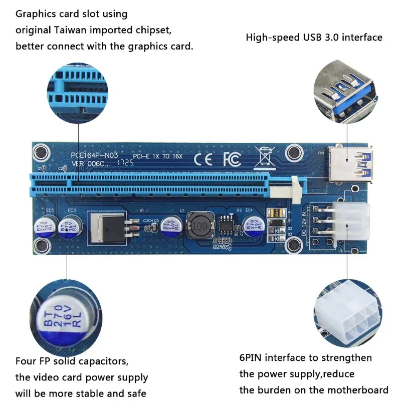 006C PCIe 1x to 16x Express Riser Card Graphic PCI-E Riser Extender 60cm USB 3.0 Cable SATA to 6Pin Power For BTC Mining