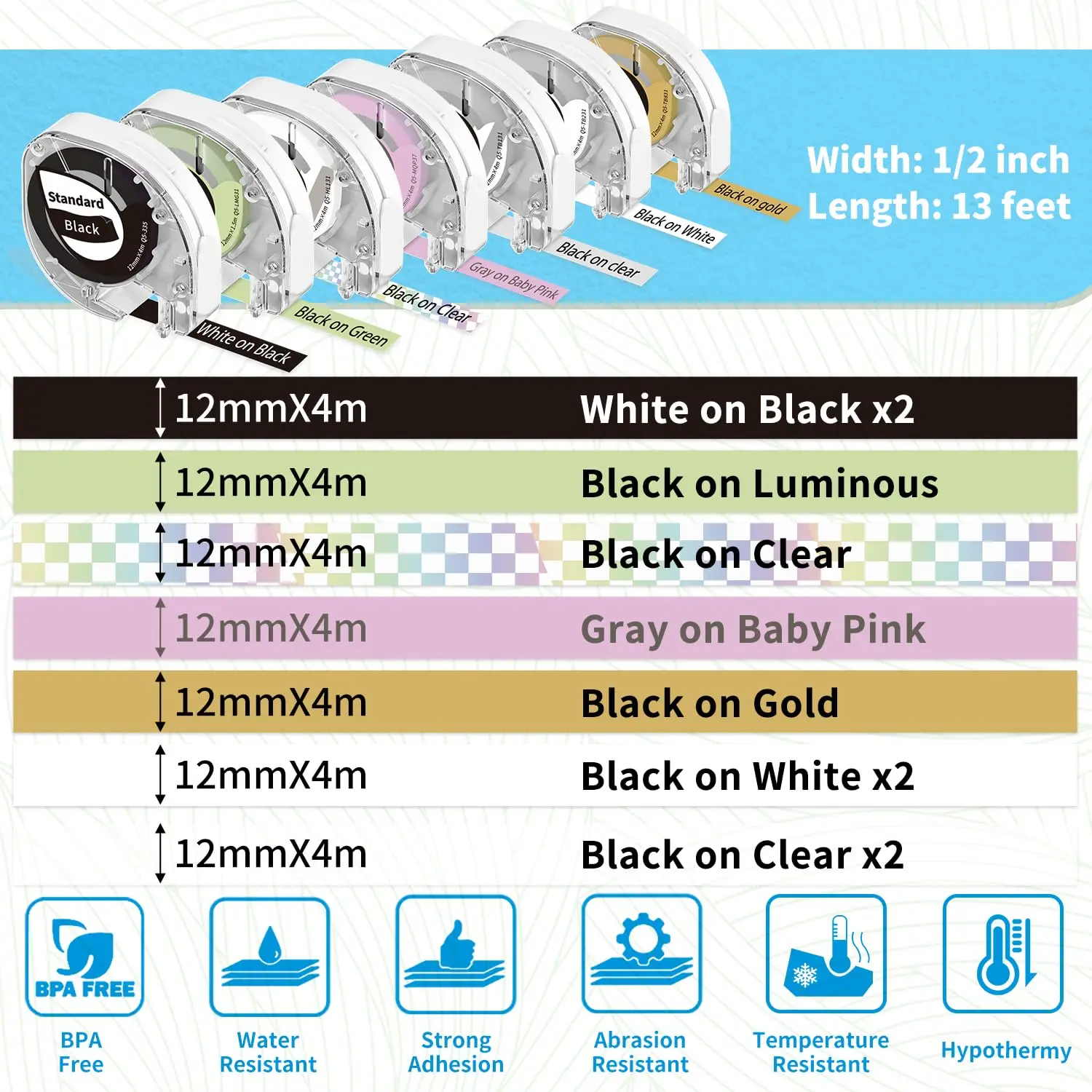 10Pack P12PRO Mixed Colors Self-Adhesive Plastic Label 12mmx4m Compatible Phomemo P12 P12Pro Dymo LetraTag 200B Refills LT-100H