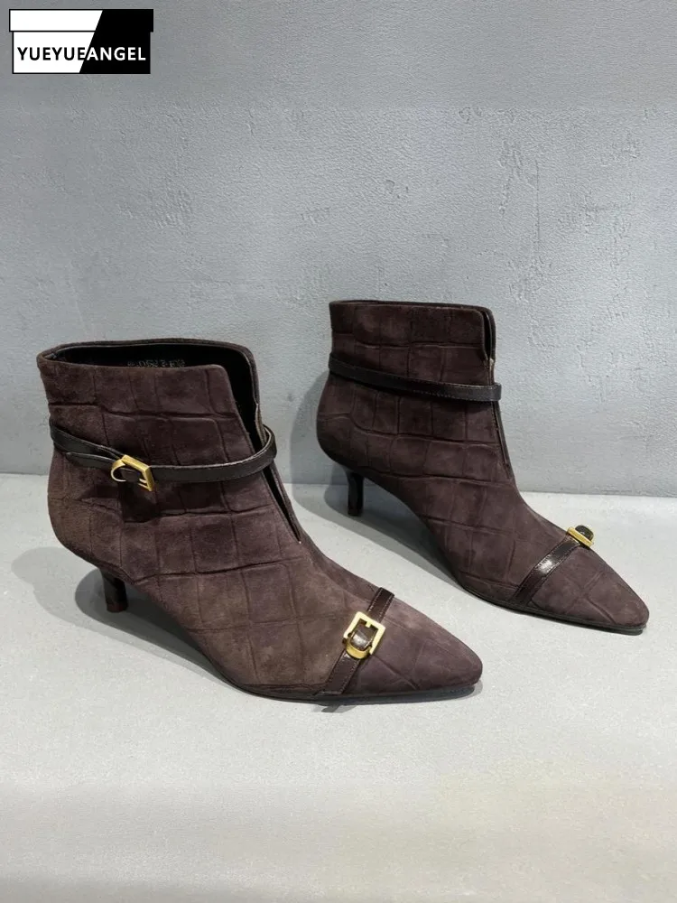 Autumn Women Genuine Leather Boots Vintage Style Pointed Toe Elegant Cow Suede Short Boots Office Ladies Stiletto Heels Shoes