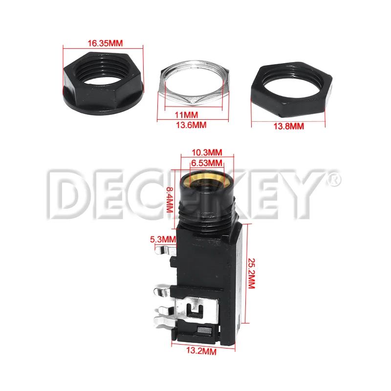 5PCS DIY 6.35mm Jack Gold Plated 4P Stereo Dual Channel Microphone Socket 6.35 Audio Straight jack Connector