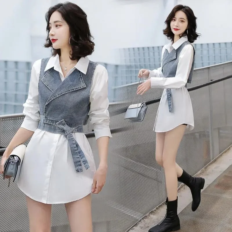 Vest Suit Women\'s Spring And Summer 2024 Fashionable Ladies Coat Denim Vest+White Shirt Two-Piece Vest