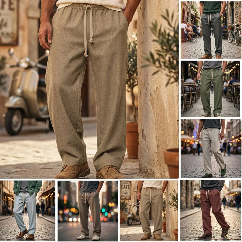 Men's Lightweight Long Pants Summer Solid Color Breathable Loose Trousers Male Elastic Waist Casual Pants Harajuku Trousers
