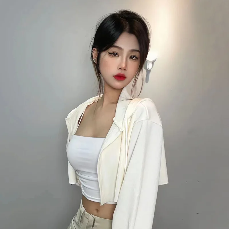 

Корейский стиль, пикантная повседневная универсальная укороченная верхняя одежда с капюшоном и длинными рукавами на пупке, BF, женская одежда, эстетичная Harajuku