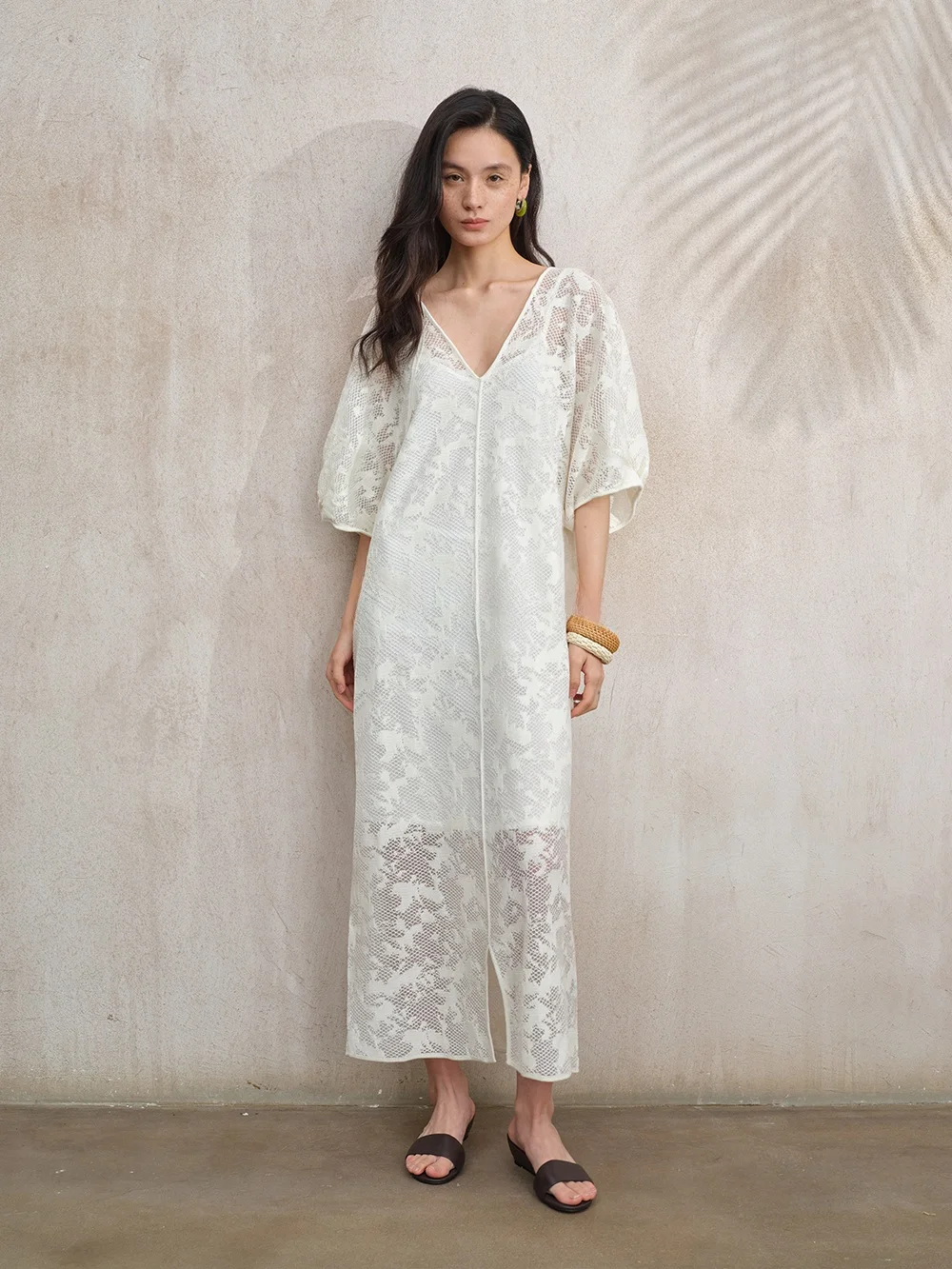 

Ele V-ne Long Dr MANNALA "abao Island" Lacey Linen Embroidery Classy Dr l Waist A-Line Skirt f Sve