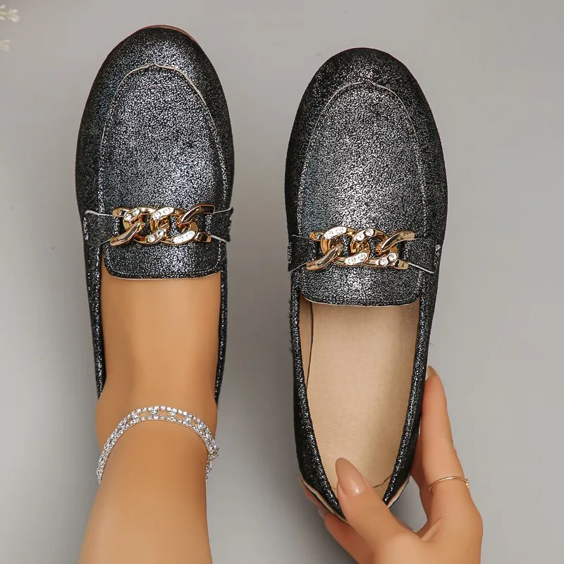 

2025 New Shoes Spring and Autumn Round Toe Chain Decoration Women's Flats Solid Color Flats Casual and Comfortable Shoes