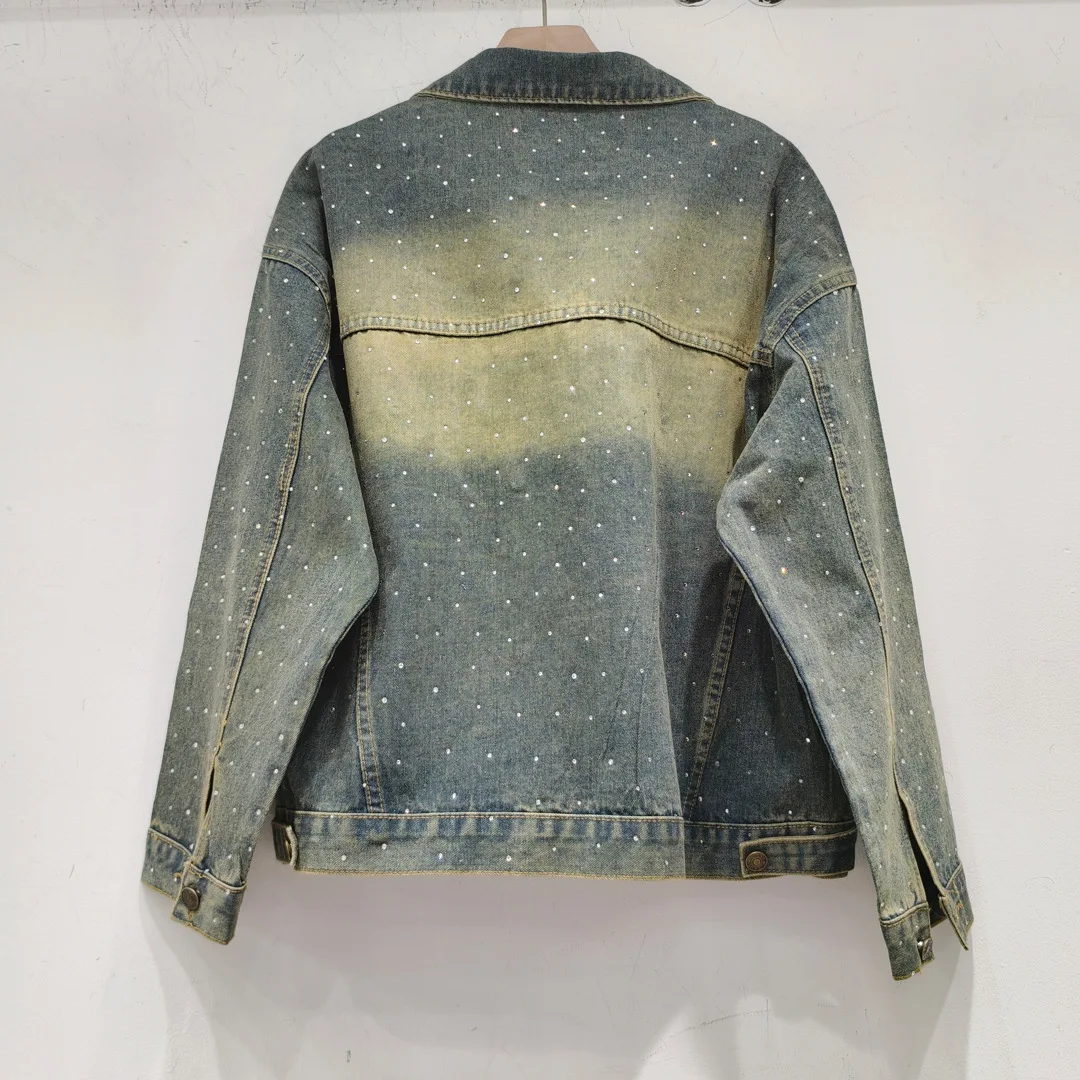 Fashion Heavy Embroidery Hot Drilling Diamond Denim Coat Women's Clothing 2024 Spring New Loose Distressed Retro Jacket Top