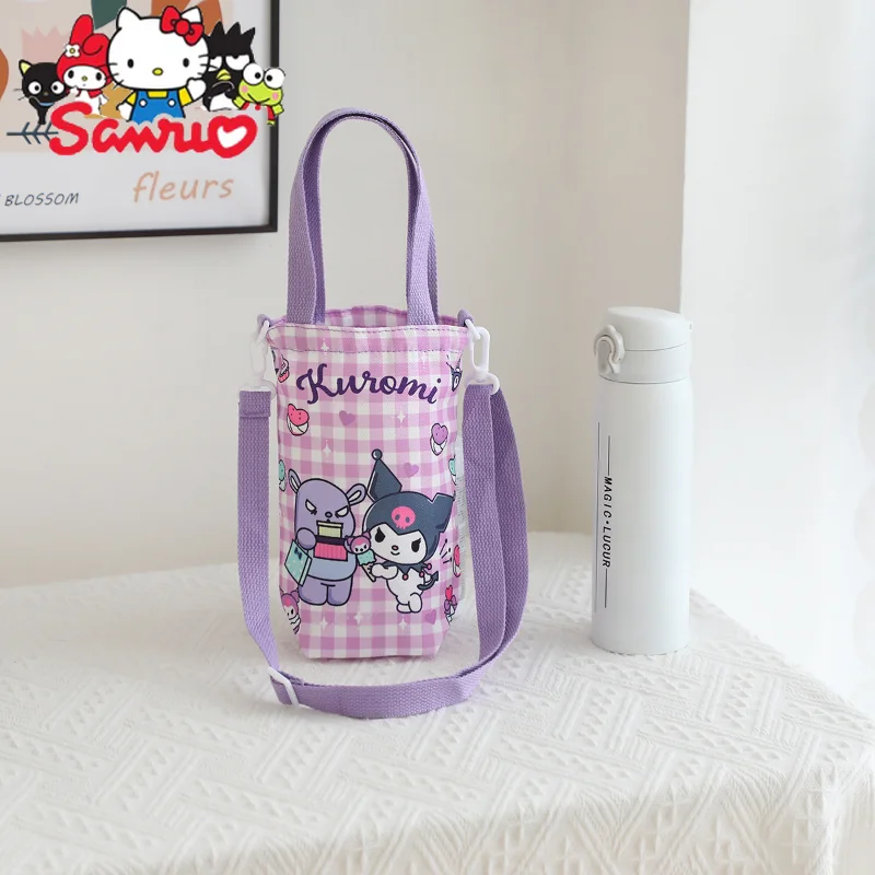 Sanrio Melody Kuromi Hello Kitty Cinnamoroll Pochacco Canvas Water Cup Bag Diagonally Carried Shoulder Crossbody Cloth Hand Bag