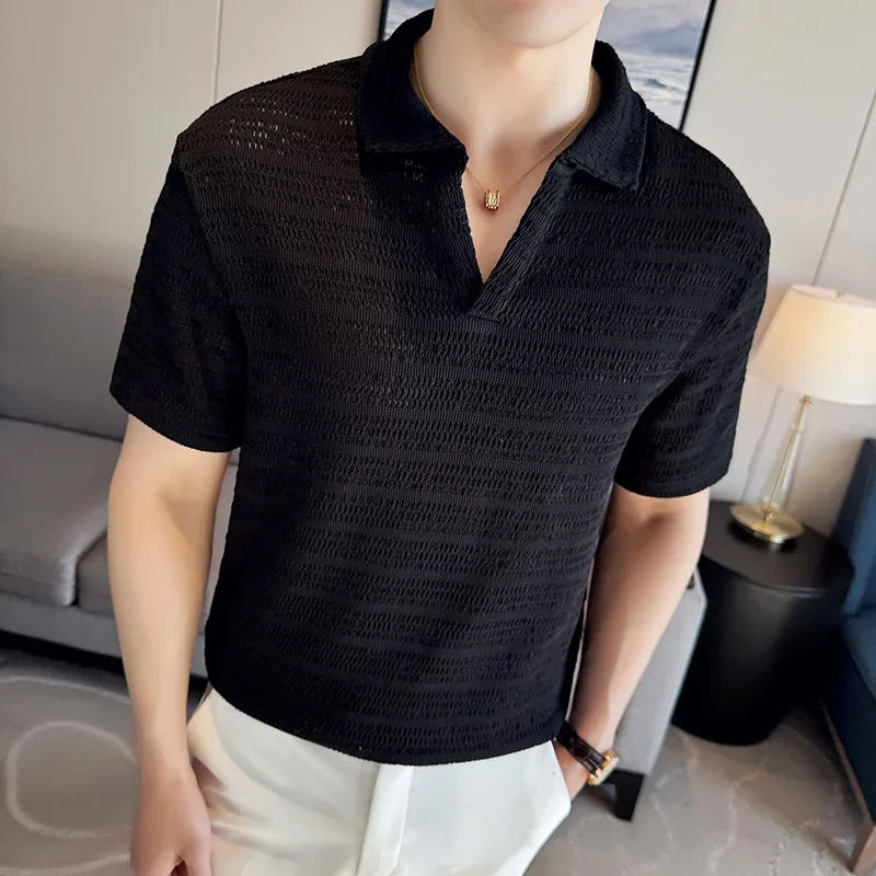 Men\'s Knitted V-neck Polo Shirt 2024 Summer New Breathable Hollow Out Solid Color Casual Short Sleeved T-shirt Men\'s Clothing