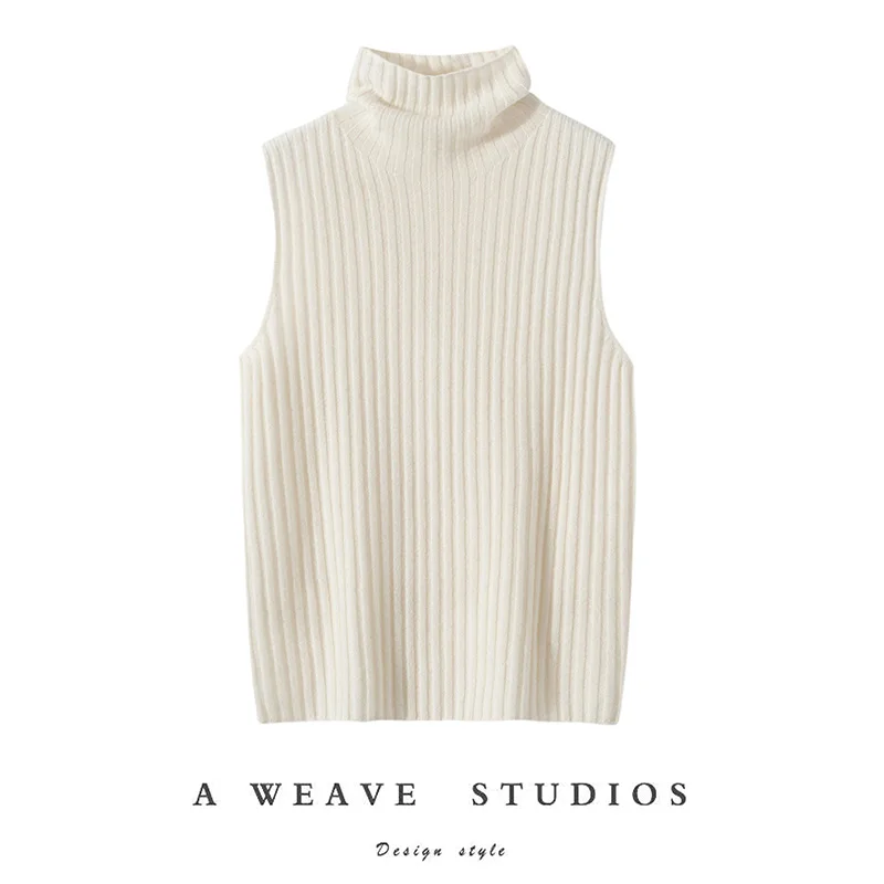 

100% Cashmere Women Sleeveless Pullovers Turtleneck Sweater Waistcoat Cashmere Knitwear Spring Autumn Winter Striped Vest Tops