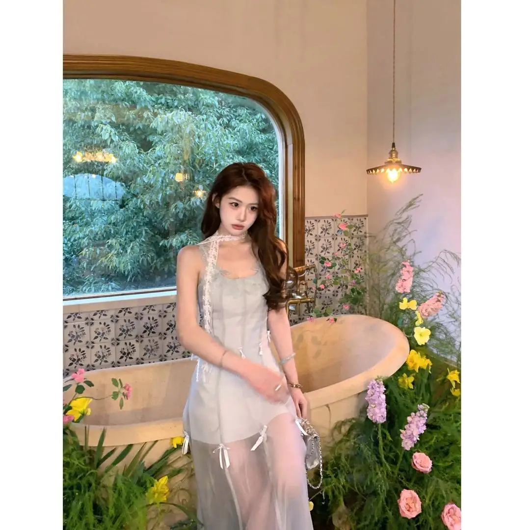 보타이 스트랩 허리 조이는 슬림핏 메쉬 캐미 드레스