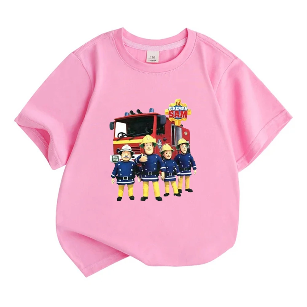 Summer firefighter boy Girls Pink Casual T Shirt Sets cartoon Printed Kids Fashion Outfits Teen Children's Short Sleeve Tops