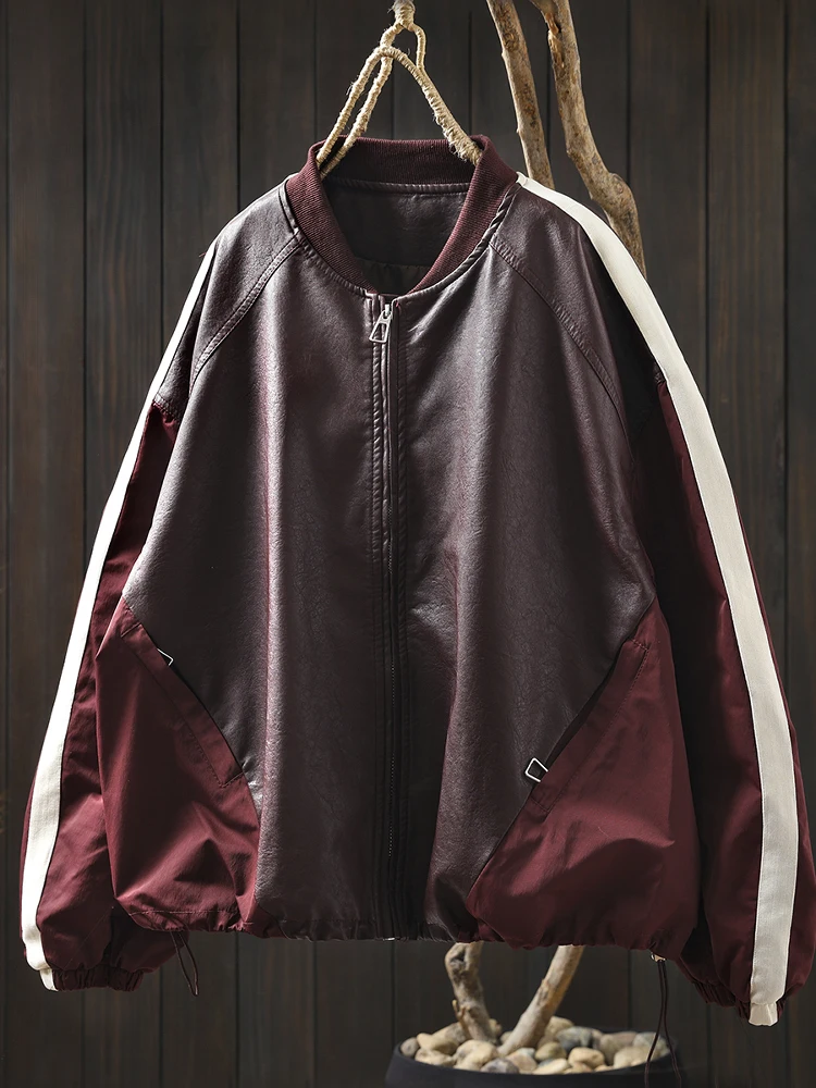 เสื้อคลุมผู้หญิงแบบสวมสบาย คอตั้ง ทรงหลวม ผ้าหนัง PU สีสันสดใส ติดซิป ยาวคลุมเข่า