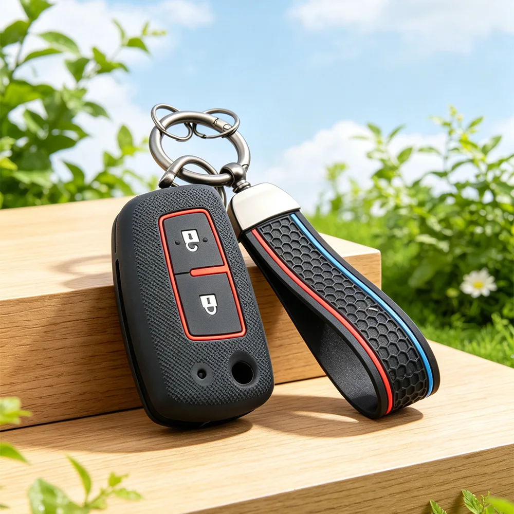 Sport Grain Silicone Flip Key Shell With Keychain for Nissan X‑Trail Juke Qashqai Micra Pulsar 2014‑2018 2‑Button Fob Protector