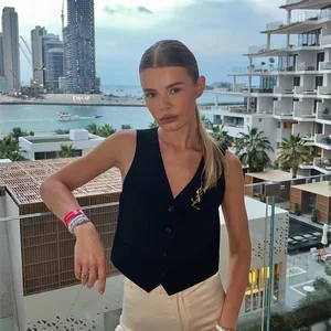 خمر نمط الخامس الرقبة بلا أكمام سترة أنيقة أزياء الأسود والأبيض سترة زر قصيرة للنساء أعلى 10 ملابس نسائية مبيعة 80 90 - No8