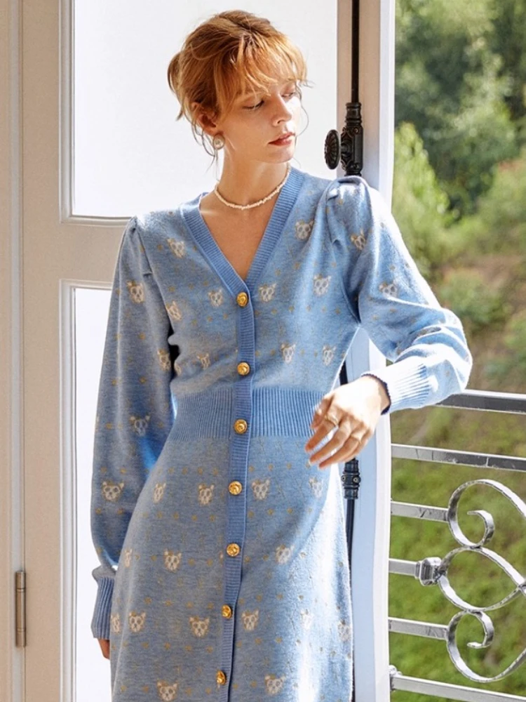 

OLrain Women French Sweater Dresses 2025 Autumn V-neck Long Sleeve Dress Elegant Single Breasted Knitted A-line Dress O21QL58109