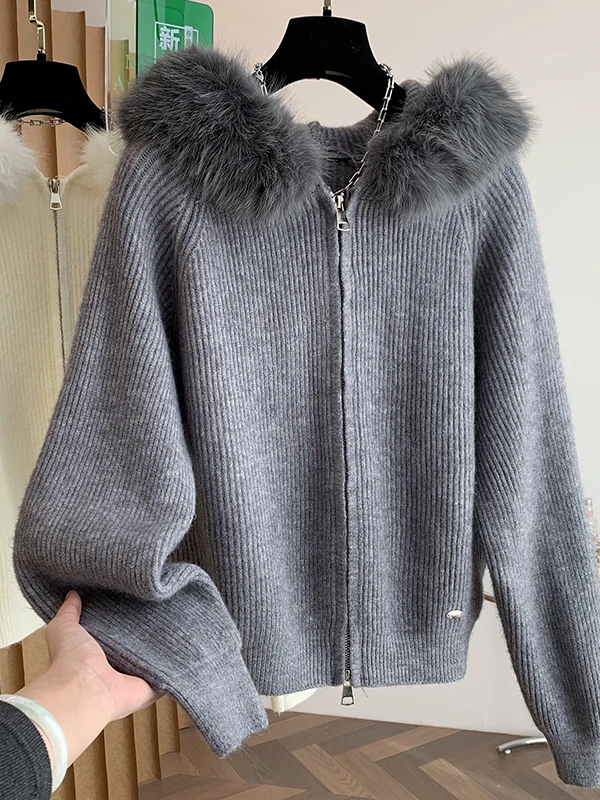 Loose Women's Knitted Sweater Coat with Double Zipper And Fur Collar Korean Sle Simple White Open Cardigan Outerwear