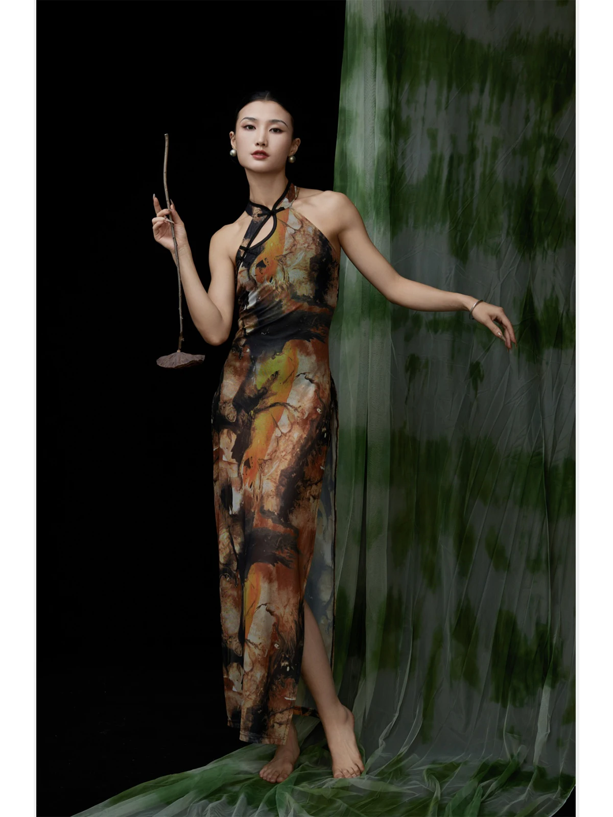 

WYZ Vintage Neline Chinese Sle Long Qipao Dr Slit Slim Fit Ne Hanging Design No Sve Ele Autumn Faion