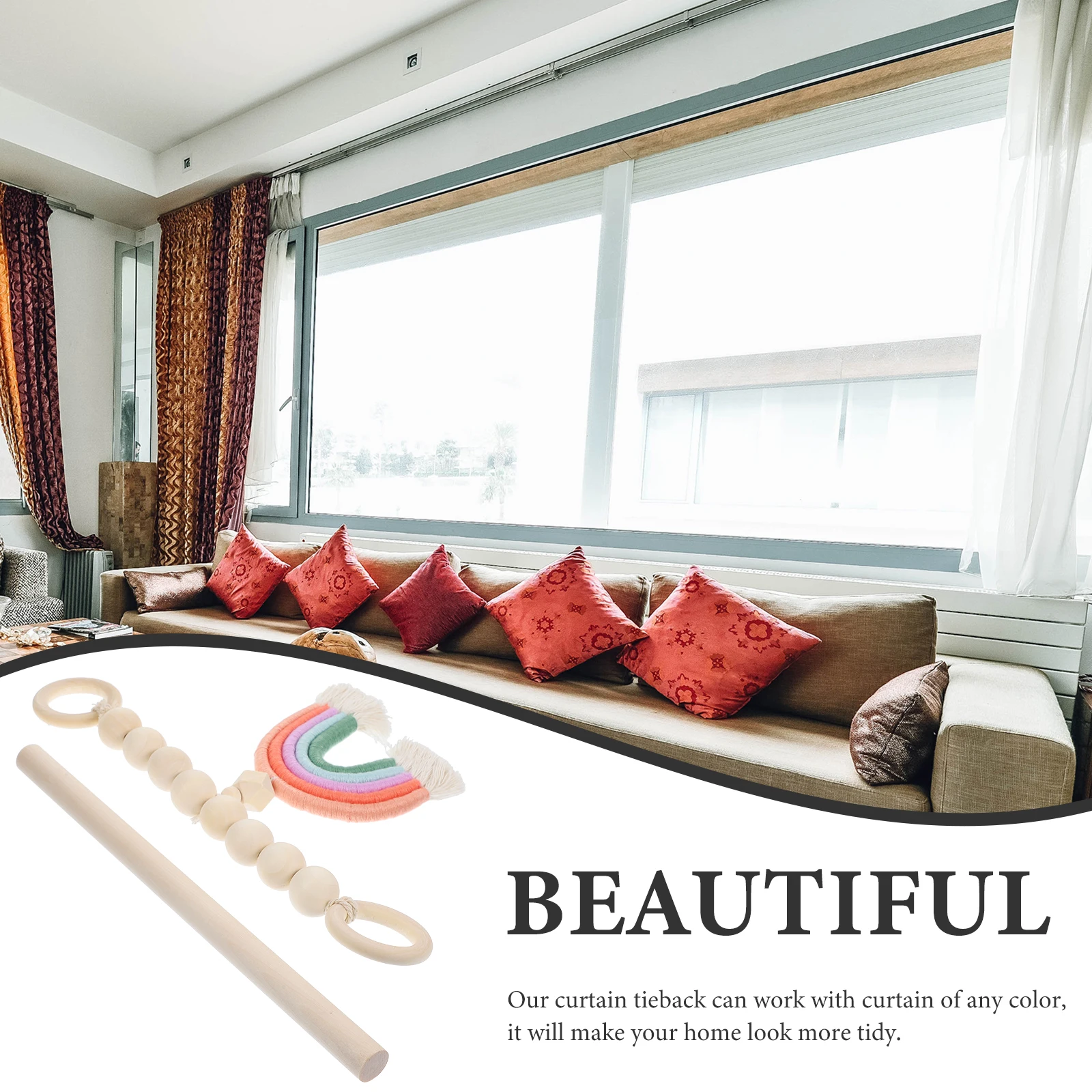 

Rainbow Tassel Beads Curtain Tiebacks Wooden Beads Decorative Holder Rustic Style for Living Room Bedroom Kitchen