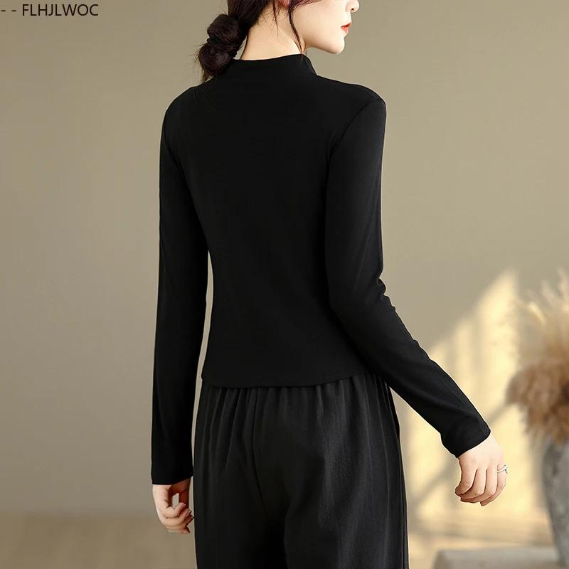 النمط الصيني تشي باو الوقوف طوق تصميم بلايز سوداء جديد 2025 الخريف الربيع النساء تاريخ الفتيات زر بلينغ قميص بلوزة خمر #6