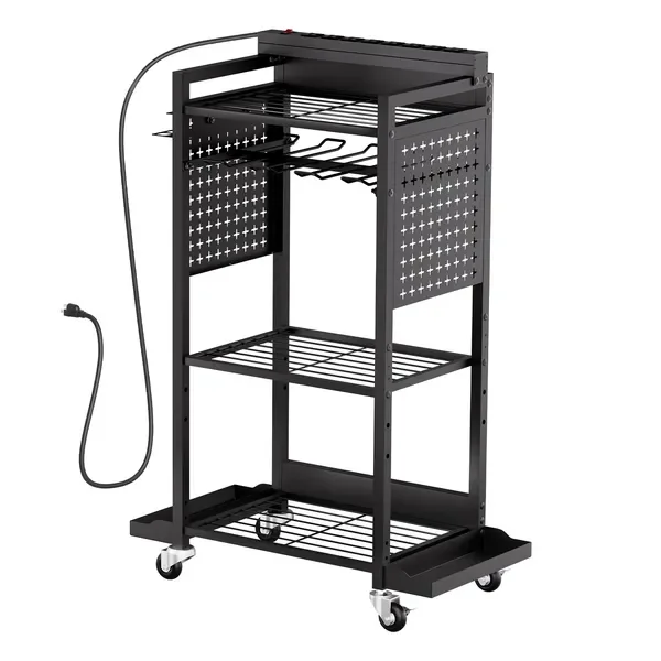

4-tier Tool Organizer Cart with Charging Station, 8 AC Outlet, Floor Stand Rolling Drill Holder and Tool Battery Storage Rack on