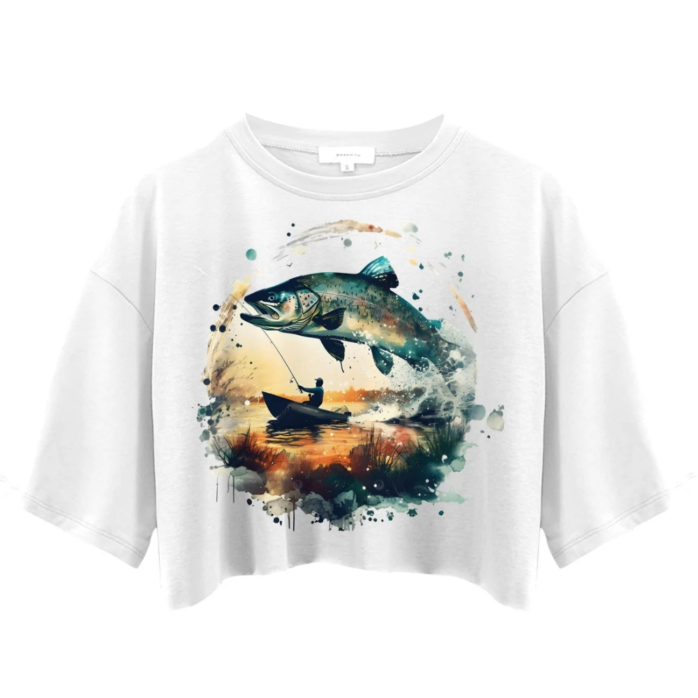 Trend, bijgesneden T-shirt, Y2K grafisch T-shirt, oversized dames T-shirt, schattige handgeschilderde vis, Koreaanse stijlkunst, zomer 2025, top