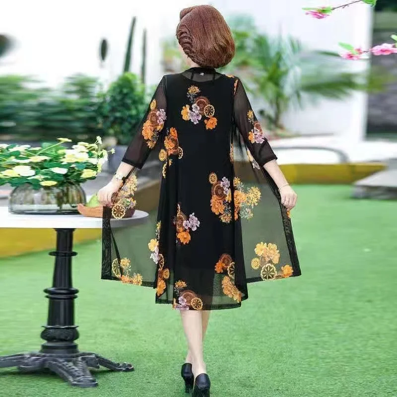 2024 Mother\'s Dress Two-Piece Middle-Aged Elderly Size 4XL Summer Wide Wife Fashion Temperament Age-Reducing Mid-Length Skirt