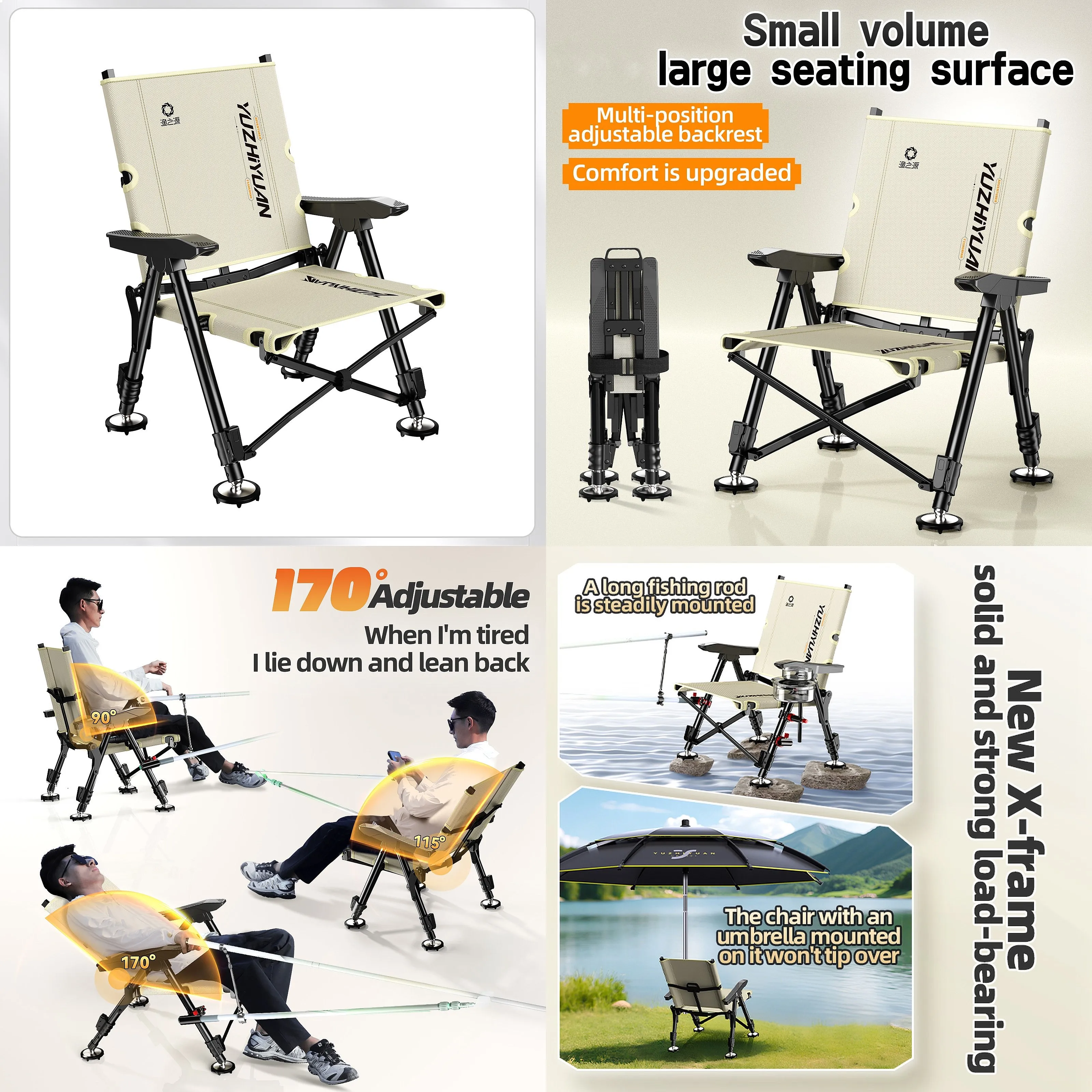 Foldable Outdoor Chair with Bag, Portable Fishing Chair Telescoping Legs Adjustable Backrest for Various Terrains