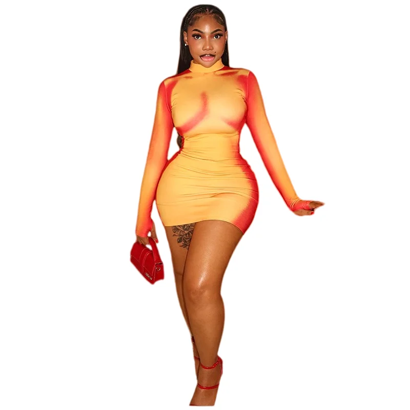 Gradient Spray Print Women's Turtleneck Long Sleeve Hips Wrapped Slim Bodycon Sexy Mini Dress