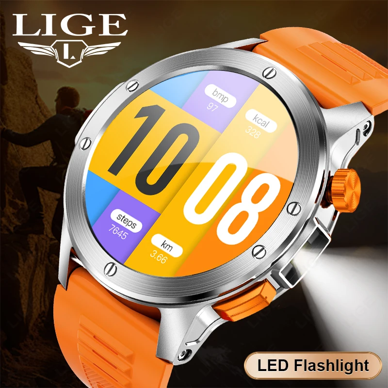 

LIGE Men SmartWatch 100+ Sports Mode Voice Assistant Waterproof Watch Bluetooth Calling Smart Watches 2025 With LED Flashlight