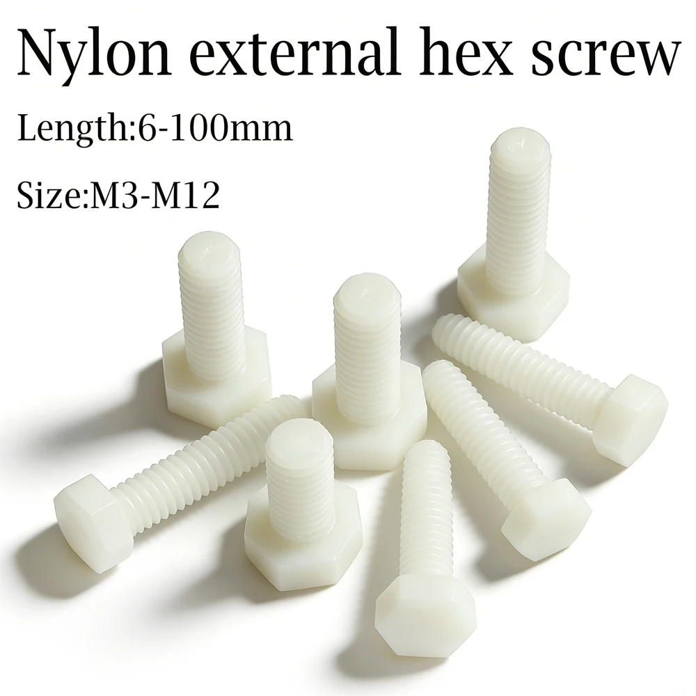 

1-50pcs M3-M12 White Nylon Plastic Hex Head Screws External Insulated Bolts 6-100mm for PCB Equipment Machinery Use