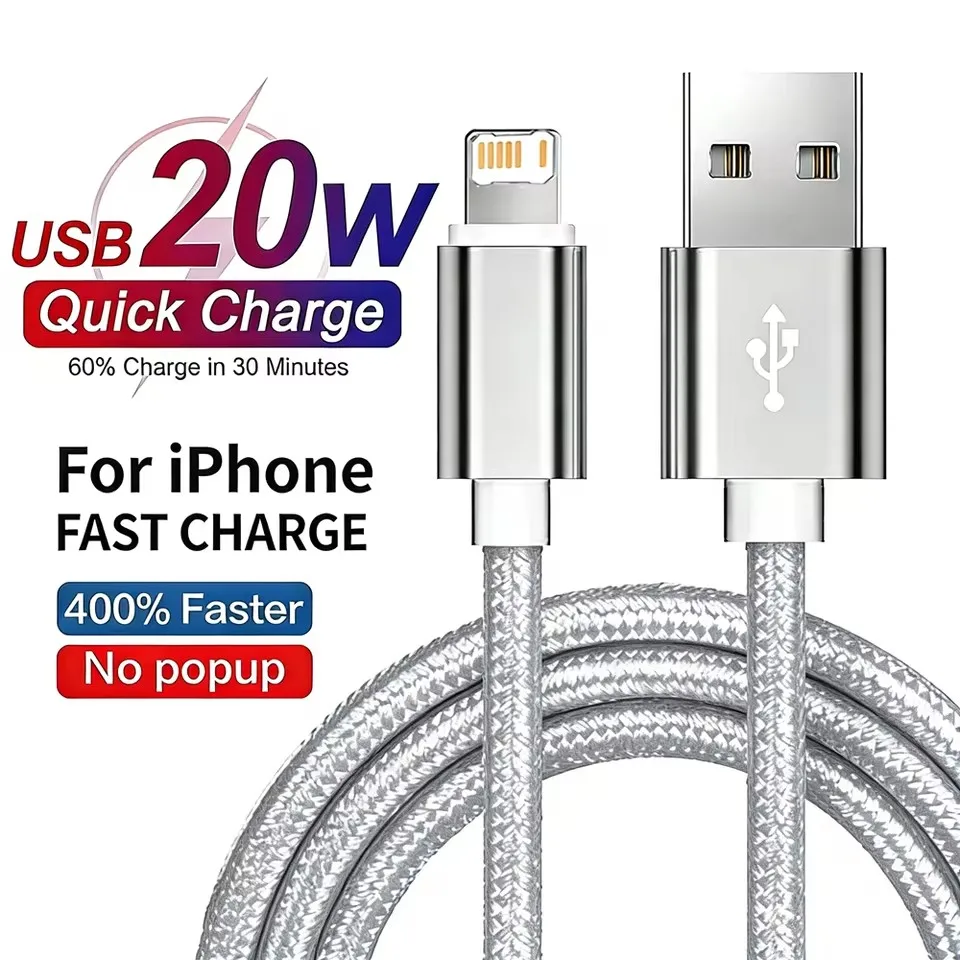 Cabo USB Trançado de 20W para Carregamento Rápido para iPhone 11 12 13 Mini 14 Pro Max X XR XS Max 7 8 14 Plus, Cabo de Carregamento Rápido em Nylon