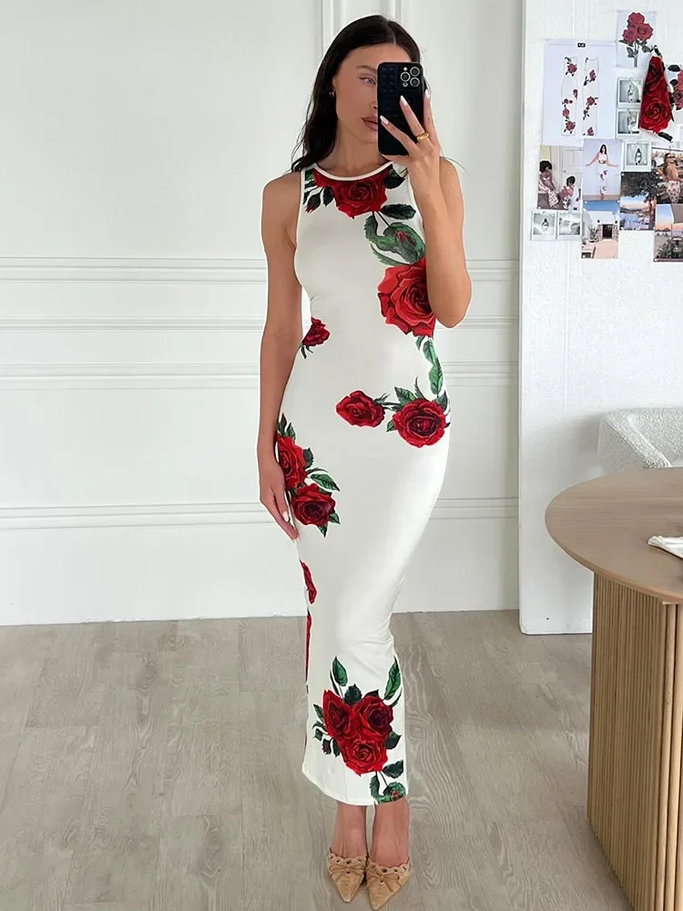 

Elegant Print Contrast Color Long Dress Summer Women's New Slim High Waist Sleeveless Floral Slit Evening Dress Long Dress